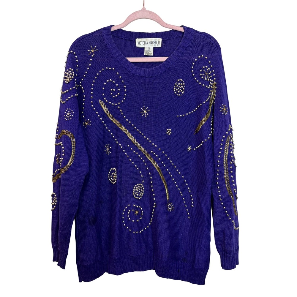 Victoria Harbour Embellished Sweater Purple Glam‎ Vintage Beaded Sparkle Stars M